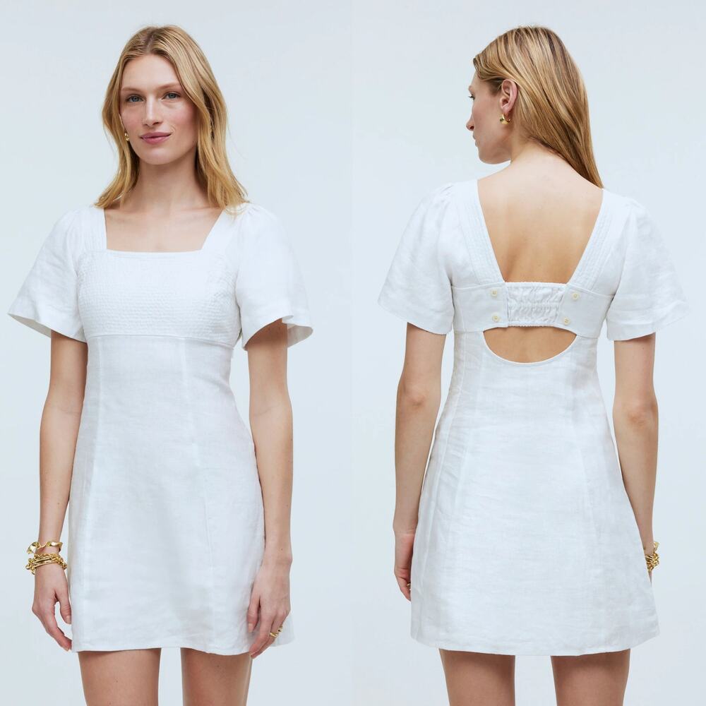 NWT Madewell Alexi Dress 100% Linen Short Sleeve Square Neck Mini White Size 12